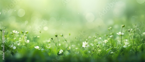 spring green plants and flowers with blurred background banner