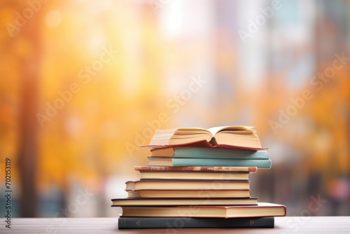 stack of books on table against blurred background