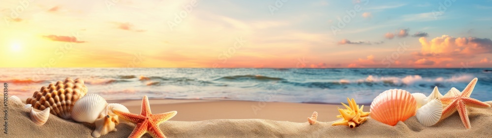 Tropical sea beach with seashells and starfish on sand - summer and vacations background Tropical sea beach with seashells and starfish on sand - summer and vacations background