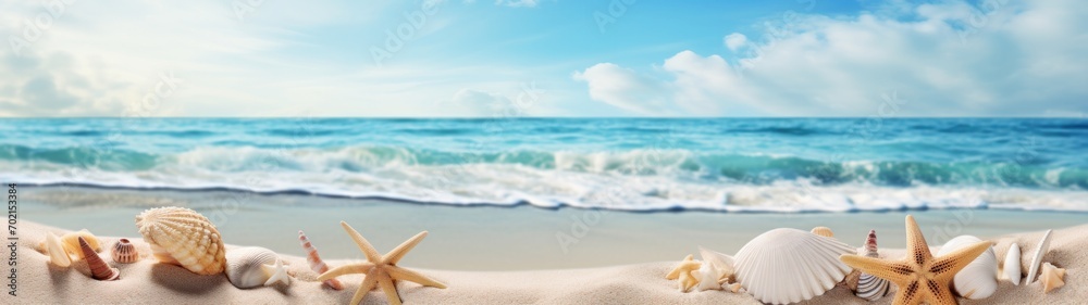 Tropical sea beach with seashells and starfish on sand - summer and vacations background Tropical sea beach with seashells and starfish on sand - summer and vacations background