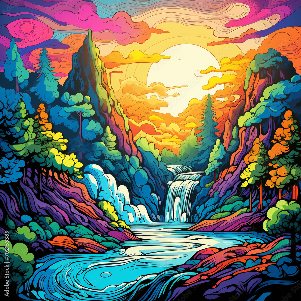Psychedelic art of waterfall with vivid color