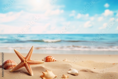 Tropical sea beach with seashells and starfish on sand - summer and vacations background