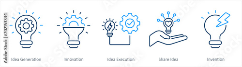 A set of 5 Idea icons as idea generation, innovation, idea execution