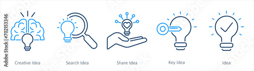 A set of 5 Idea icons as creative idea, search idea, share idea