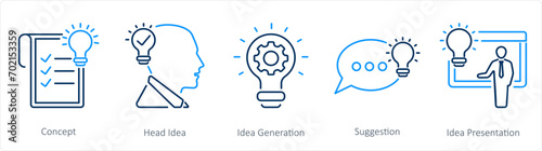 A set of 5 Idea icons as concept, head idea, idea generation