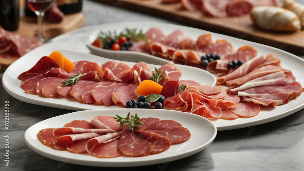 image that celebrates the artisanal nature of Italian salumi,arrange an array of cured meats on a white plate, creating a visual symphony of colors and shapes
