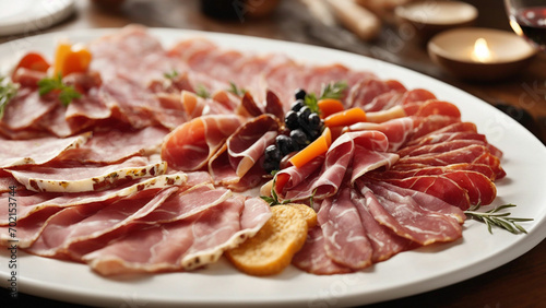 image that celebrates the artisanal nature of Italian salumi,arrange an array of cured meats on a white plate, creating a visual symphony of colors and shapes