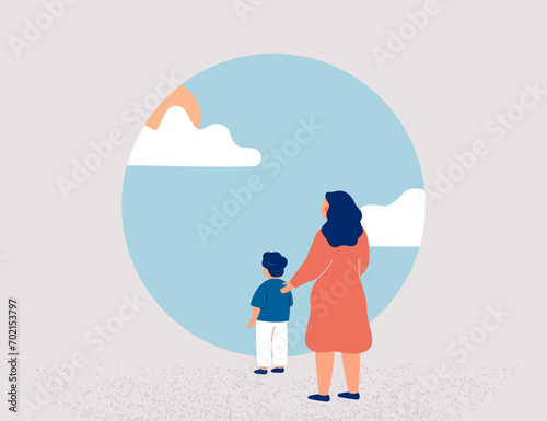 Child does first steps in personal realisation and growth. Mother aids her son to get rids doubt and supports him. Childcare and Psychological help concept. Vector illustration