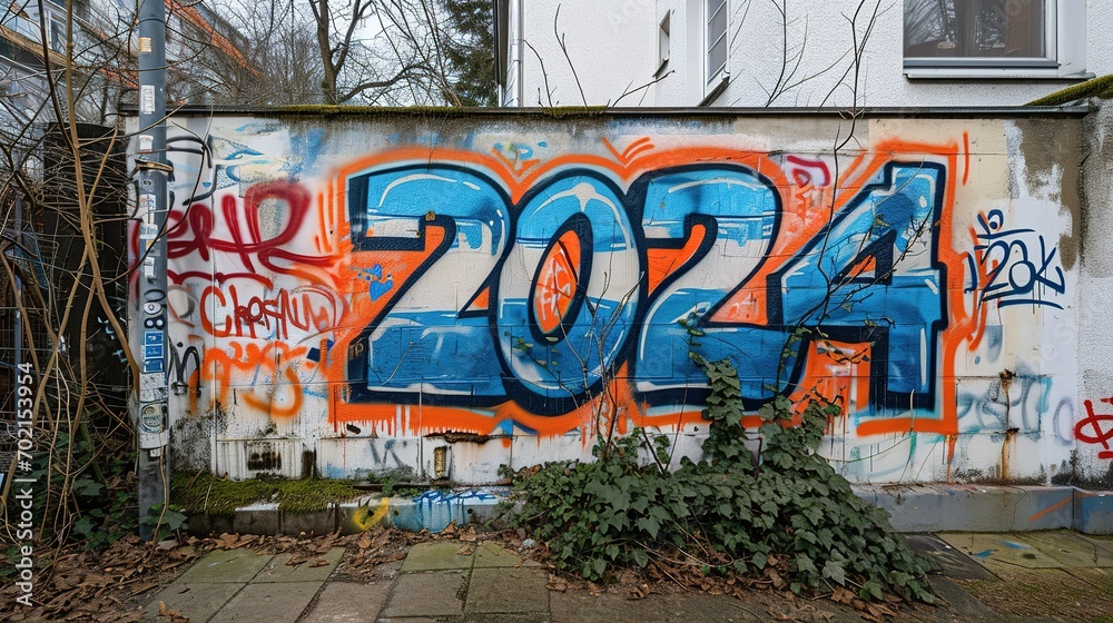 2024 Jahreszahl als Graffiti auf einer alten Mauer in der Stadt.