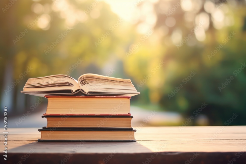 stack of books on table against blurred background stack of books on table against blurred background