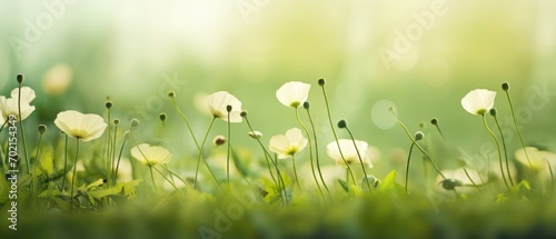 spring green plants and flowers with blurred background