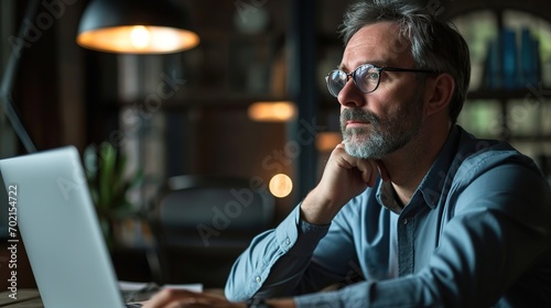 Business portrait - businessman using laptop computer in office, thinking. Happy middle aged man, entrepreneur working online