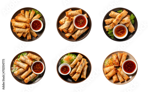 Collection plate of spring rolls with dipping sauce isolated on a transparent background, top view