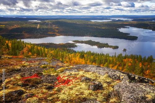 Autumn Landscapes overlooking the lake Kaskama. Panorama. Kola Peninsula, Arctic Circle, Russia