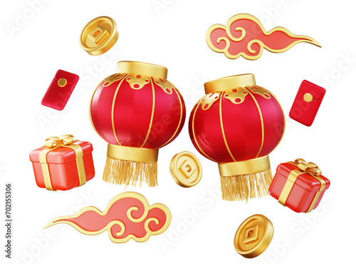 Photography Happy chinese new year wealth and prosperity with chinese lanterns and golden coins, cloud and gift boxes