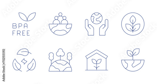 Environment icons. Editable stroke. Containing bpa free, non toxic, sustainability, community, protect, green planet, eco house, plant.