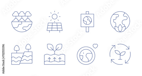 Environment icons. Editable stroke. Containing forest, solar panel, tectonic plates, geothermal energy, environment, sustainability.
