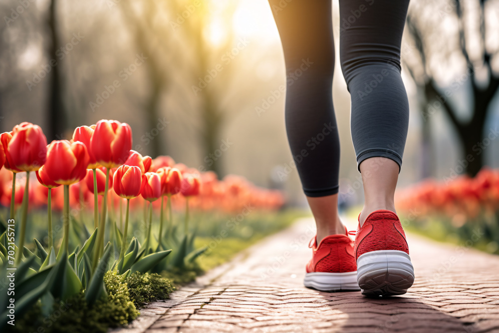 Back view of woman with sport shoes jogging in park with red tulip spring flowers - obrazy, fototapety, plakaty 