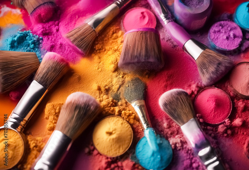 Creatività in Evidenza- Spazzole Cosmetiche e Polveri Colorate in una Composizione Dinamica, Alta Qualità