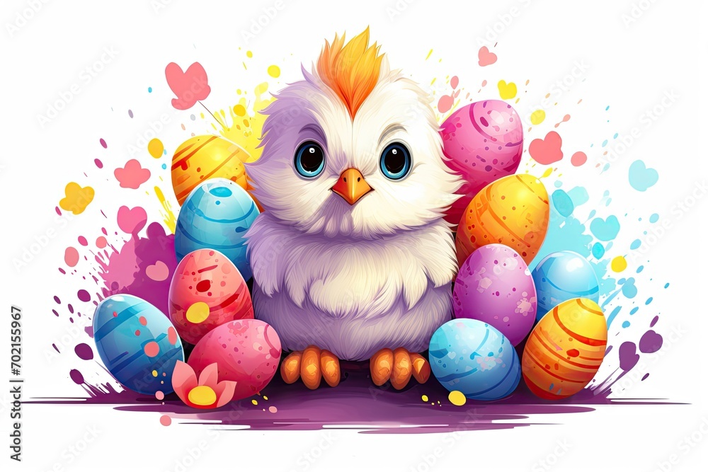 cute easter chick and colorful eggs holiday design illustration - obrazy, fototapety, plakaty 