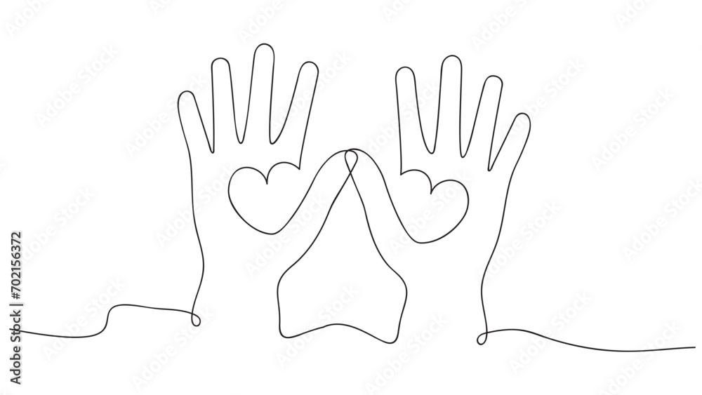 Fototapeta premium Continuous one line drawing. Abstract hands holding hearts. Vector illustration