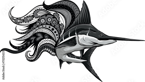 monochromatic illustration of marlin fish with mandala decoration