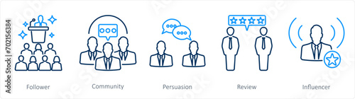 A set of 5 Influencer icons as follower, community, persuasion