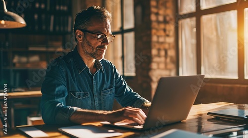 Businessman using laptop computer in office. Happy middle aged man, entrepreneur, small business owner working online.