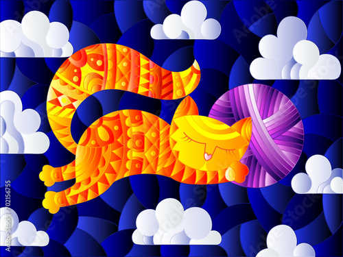 Stained glass illustration of a cartoon red  cat hugging a ball of yarn on the background of  starry sky and clouds