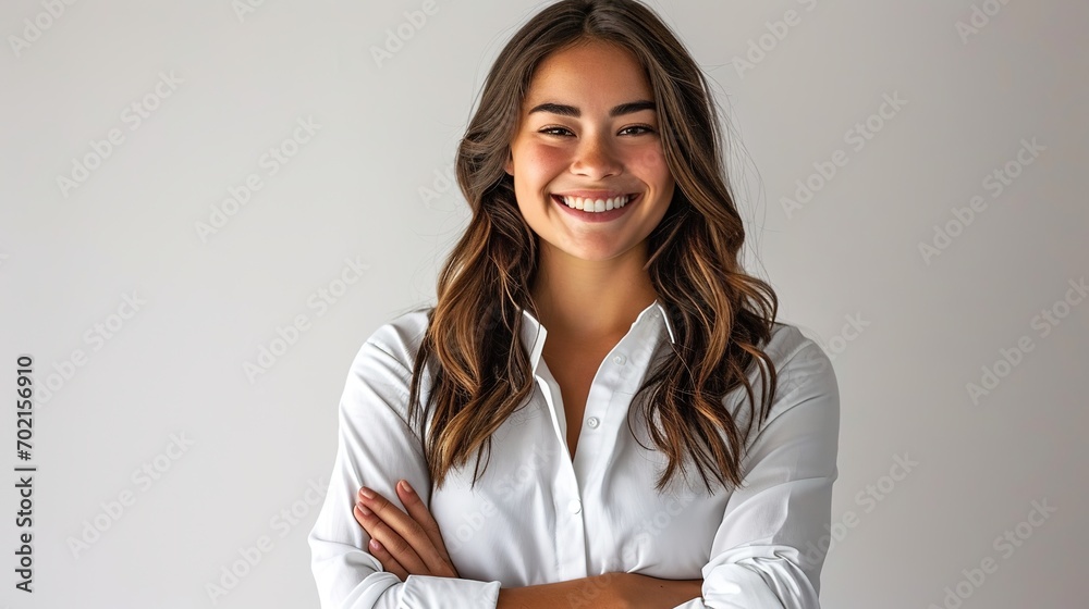 Cheerful brunette business woman student in white button up shirt, smiling confident and cheerful with arms folded, isolated on a white background Cheerful brunette business woman student in white button up shirt, smiling confident and cheerful with arms folded, isolated on a white background