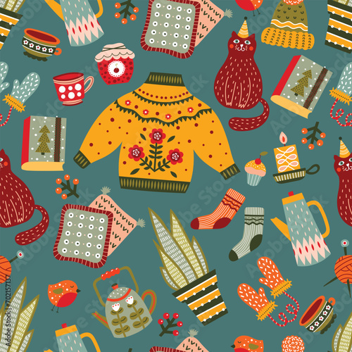 Winter seamless pattern in cartoon design. Cup of hot drink, teapot,cat, gift, cookie, sock, cupcake.  Vector illustration. Winter season cozy symbols.