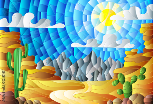 The illustration in stained glass style painting with desert landscape, cactus in a lbackground of dunes, sky and sun photo