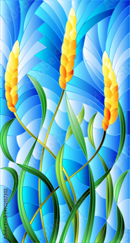 Illustration in stained glass style with spikes of cereal plants on a blue background