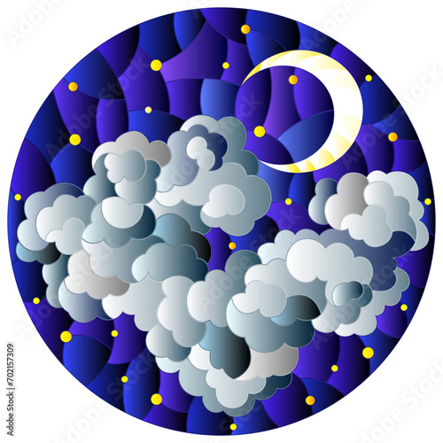 Illustration in stained glass style with celestial landscape, fluffy cloud on the background of starry sky and moon, round image