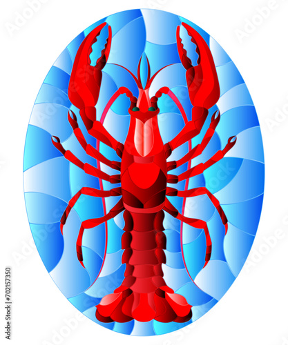 Illustration in stained glass stile with abstract red crayfish on a blue background , oval picture