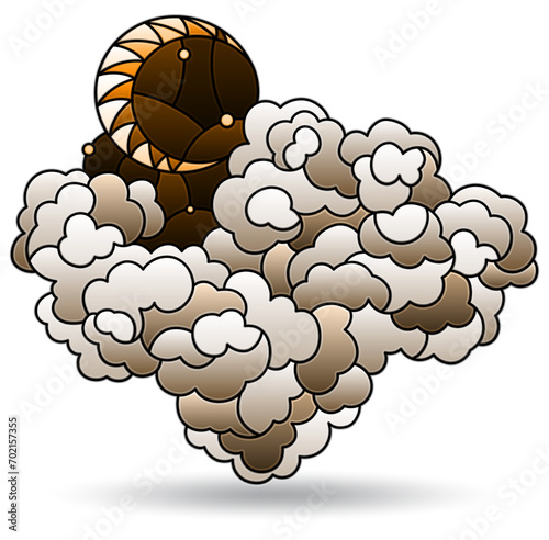 An illustration in the style of a stained glass window with a cloud and moon isolated on a white background, tone brown