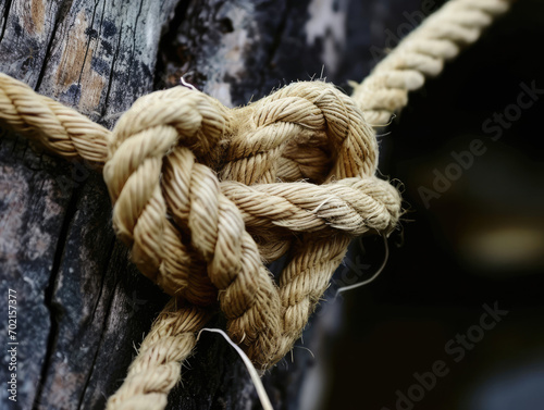 Close-up of a heart-shaped knot in a sturdy rope against a blurred background.