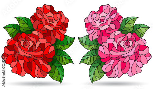 A set of illustrations in a stained glass style with bright rose flowers, isolated on a white background