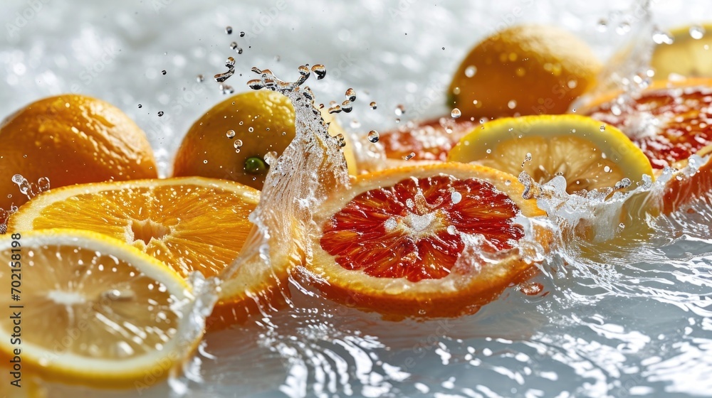 Citrus fruits splashing in water, vibrant composition
