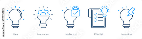 A set of 5 Intellectual Property icons as idea, innovation, intellectual