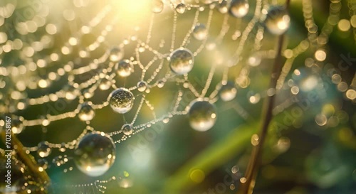 Dewdrops on a spiderweb in the morning light.