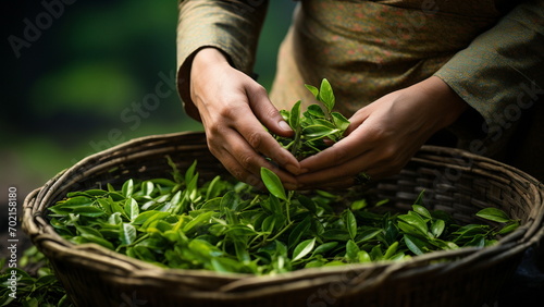 Close up photo of woman hands holding fresh tea leaves with generative AI photo