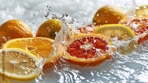 Citrus fruits splashing in water  vibrant composition