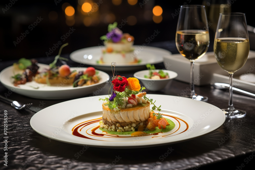 Exquisite Serving Restaurant Plate. Luxury Molecular Dish with Sliced Veal Meat on Black Backdrop Exquisite Serving Restaurant Plate. Luxury Molecular Dish with Sliced Veal Meat on Black Backdrop