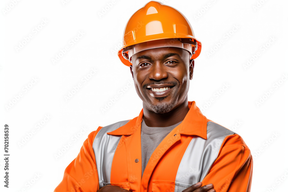 portrait of African American worker wearing orange uniform and helmet
