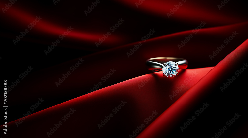 Bellissimo ed elegante anello di fidanzamento con diamante su un tessuto di raso rosso - obrazy, fototapety, plakaty 