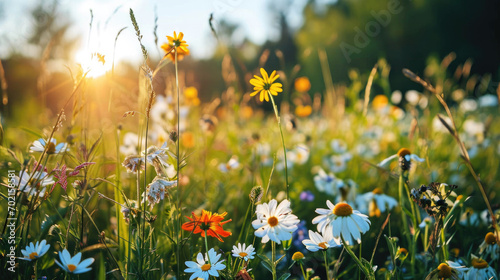 A lush meadow filled with wildflowers bathed in golden sunlight, with a variety of colors and types