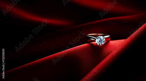 Bellissimo ed elegante anello di fidanzamento con diamante su un tessuto di raso rosso photo