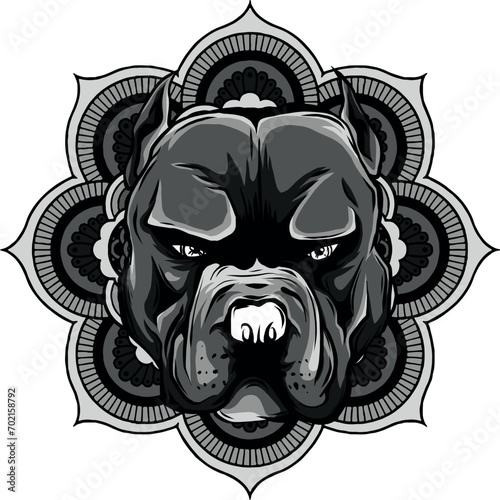 monochromatic dog head with decorative ornaments and doodle elements.