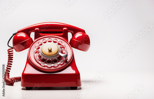 Red retro phone on white background with copy space